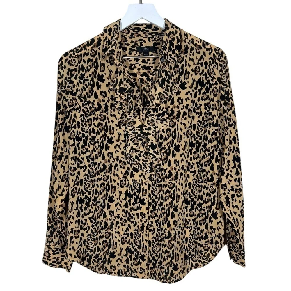 J. crew Womens Collection ruffle-front blouse in leopard-print silk Size 4